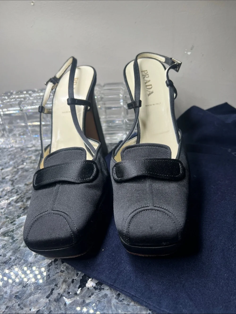 Prada Sz 38 Black Silk 4.5” Wrapped Block Heel Square Toe Heels Shoes